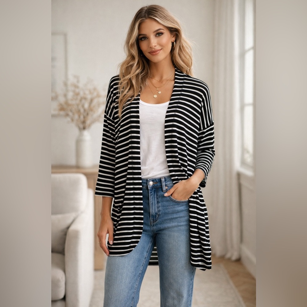 T by Talbots Black White Striped Open Cardigan Lightweight Cotton Blend Size XL